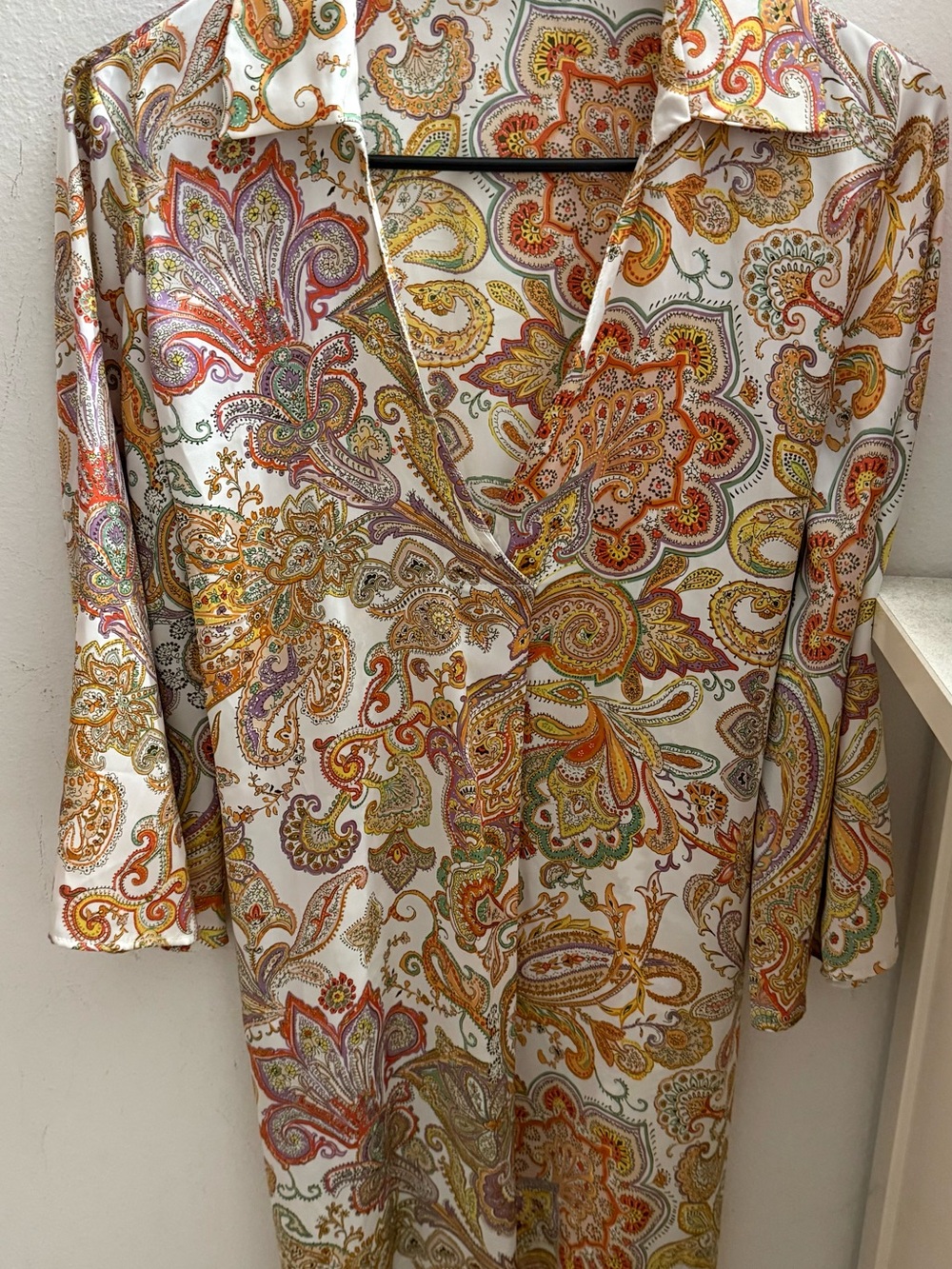 Zara White Paisley Print Long Sleeve Dress with Orange, Gold, Green Accents